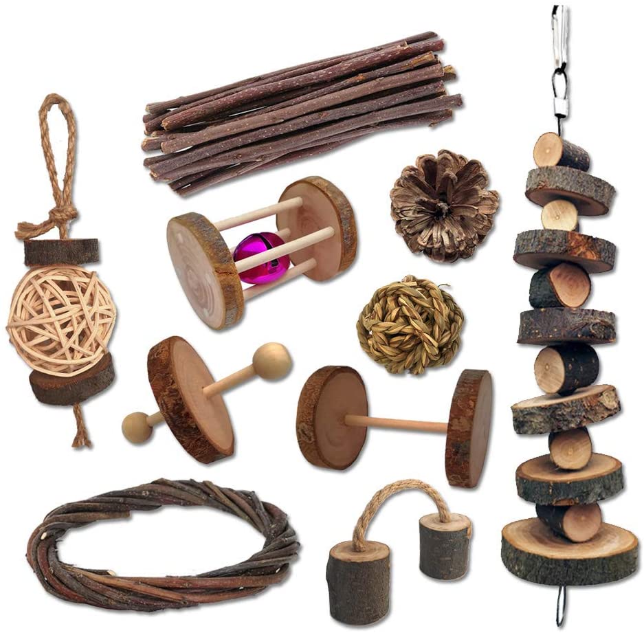 10 Confezioni Giochi per Piccoli Animali Conigli, Cincillà, Criceti, Legno Naturale Coniglio Animale Domestico Masticare Bastoncini Ramo E Macinare Denti Giocattolo - immagine 2